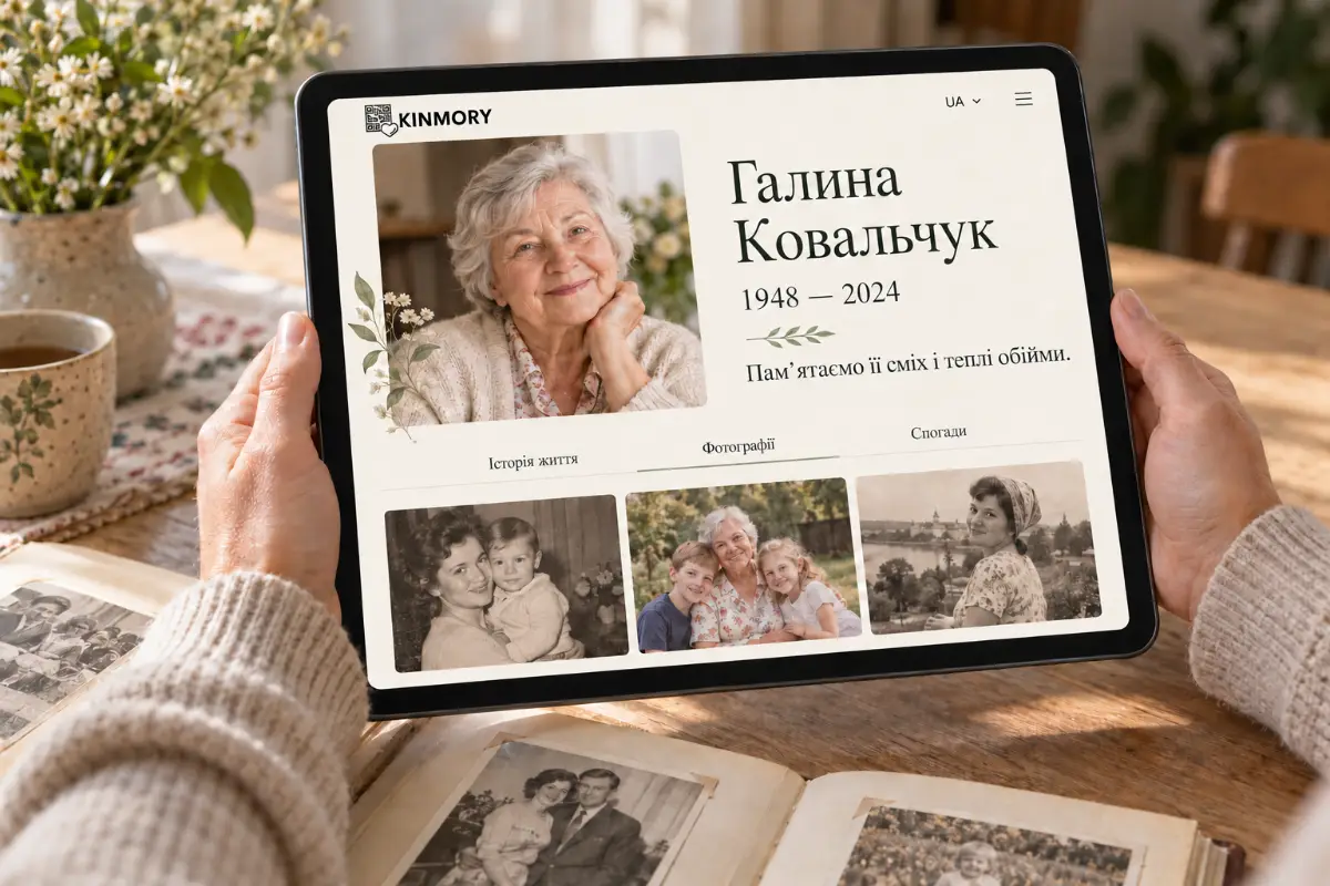 На планшеті — сторінка памʼяті Галини Ковальчук із портретом і сімейними світлинами, поруч відкритий фотоальбом
