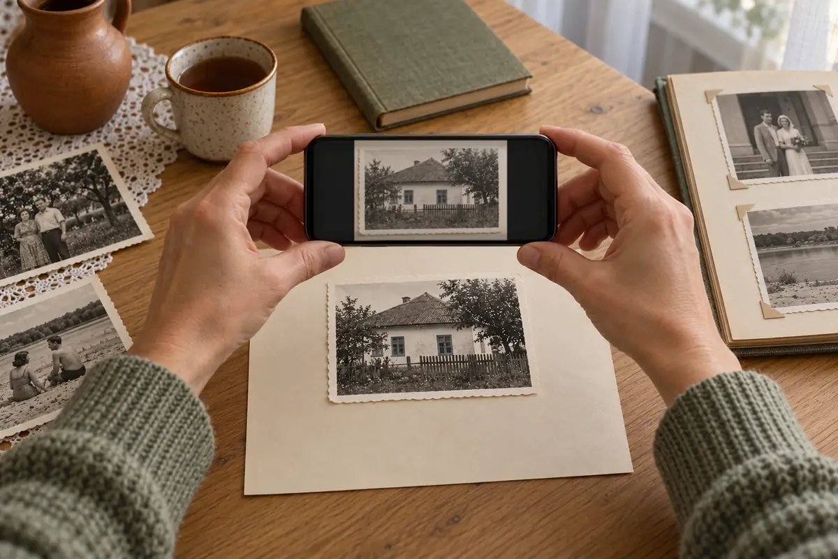 Як оцифрувати старі фотографії: руки тримають телефон паралельно над старим знімком на столі